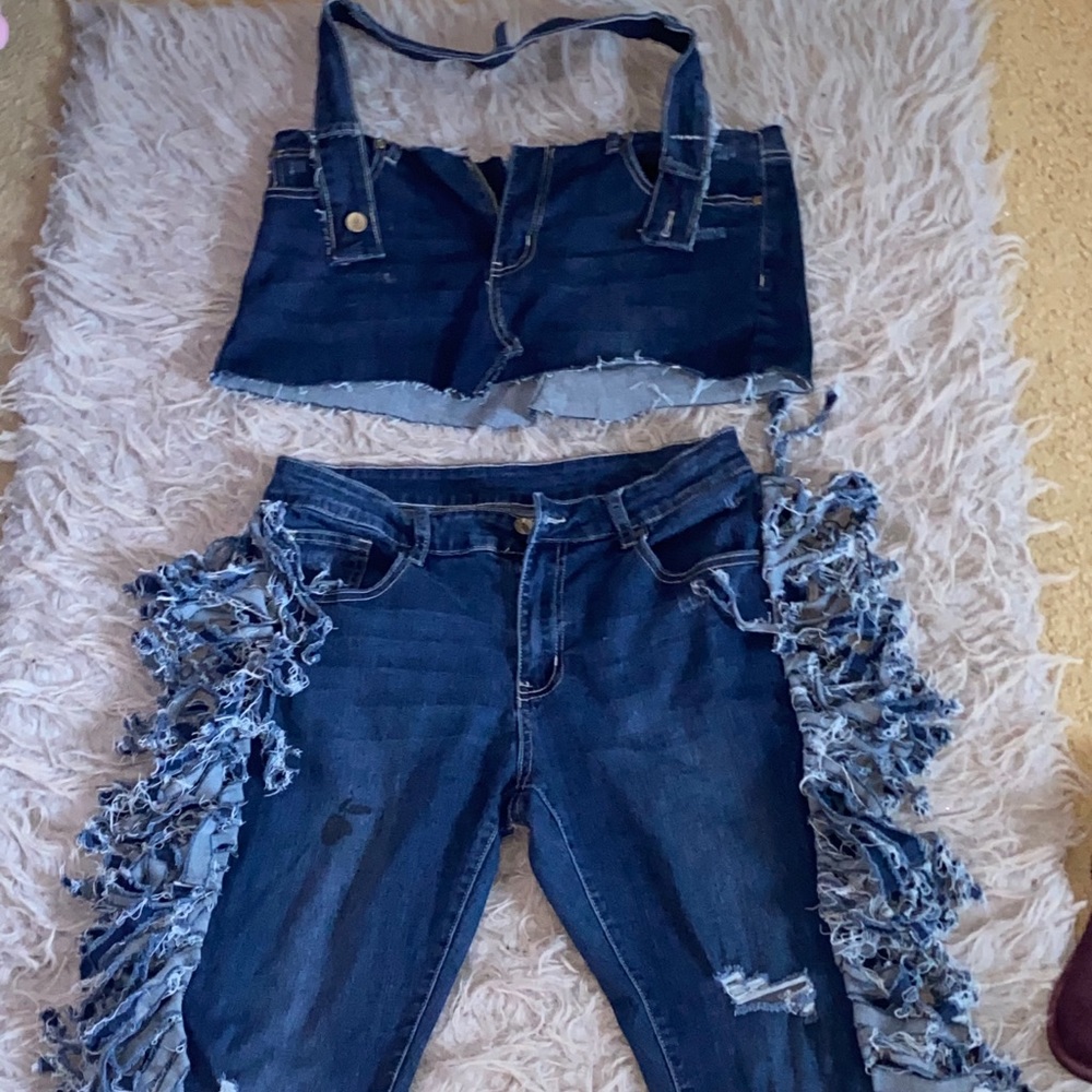 CUSTOM @KOUTUREDENIM HALTER TOP SET FRINGE JEANS